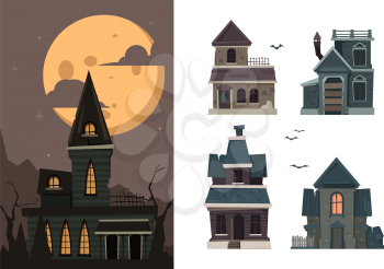 Scary houses. Spooky buildings outdoor village haunted horror constructions for halloween party vector flat pictures. Spooky and scary house for halloween illustration