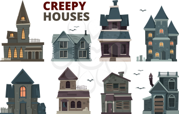 Horror house. Halloween scary gothic village buildings with spooky vector pictures set. House building halloween, horror window and exterior illustration
