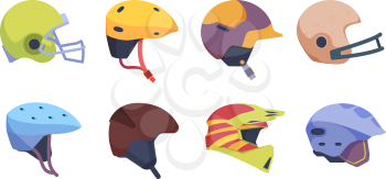 Sport helmet. Motorbike safety accident helmet vector illustrations collection. Colored helmet baseball and hockey