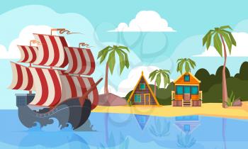 Pirate boat in ocean. Marine landscape with pirate vessel on waves near desert island vector cartoon background. Boat transportation to island with green palm and beach illustration