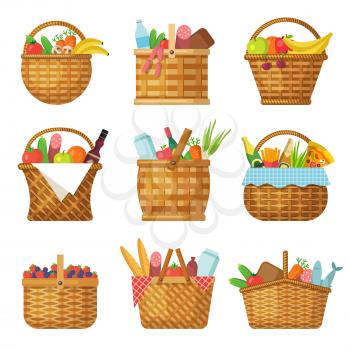 Basket with products. Handcraft picnic hamper with various food vegetables fruits vector baskets. Picnic product, basket with handle, traditional outdoor accessory illustration