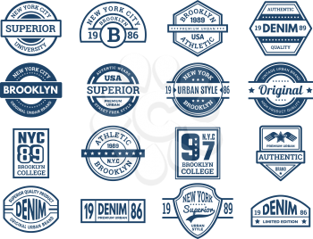 Jeans emblems. Vintage typography labels urban style wear patches sport banners embroidery vector collection. Apparel shirt and jeans, brand emblem denim illustration