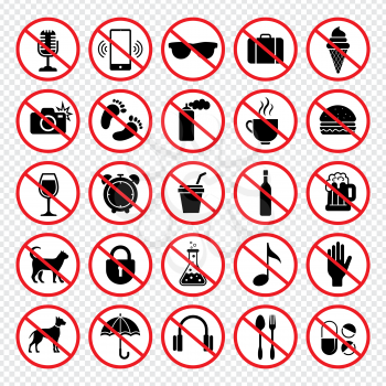 Prohibiting signs. Forbidden eating guns animals mobile phones eat child no vector signs collection. Illustration prohibited and danger, camera prohibition
