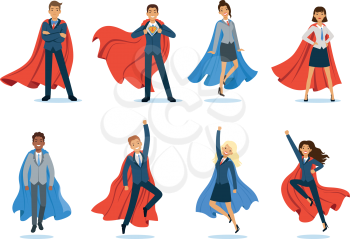 Business superheroes. Successful managers and bosses male and female professional vector characters in superhero cape. Superhero power, super strength business person illustration