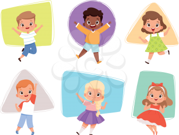 Happy kids jumping. Action childrens in different poses sitting playing joyful running cute male and female characters vector boys and girls. Action fun kid girl and boy jump illustration