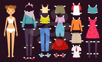 Paper doll. Cute toys female doll with various wardrobe clothes fashion girls vector illustration. Dress female, wear girl paper model