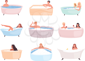 Bathtub characters. People taking bath water relax therapy in foam happy persons washing vector illustration. People in bathroom, wash and care
