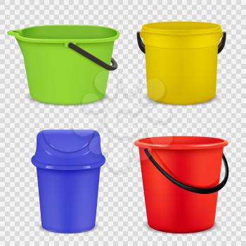 Realistic buckets. Metal and plastic material for water or garbage empty buckets vector 3d templates. Container equipment for gardening with handle illustration