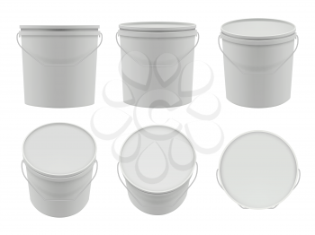 Plastic containers. Empty white buckets mockup vector packages collection. Container with putty, white bucket of set illustration