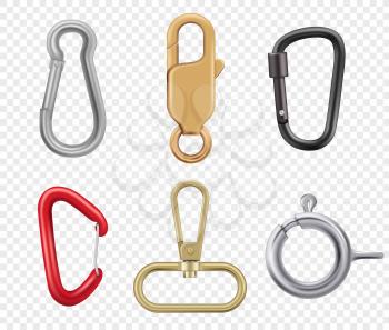 Carabine hook. Climbers for hiking loop vector keys and lock illustrations realistic. Safety hook for climbing, metal and steel equipment tool