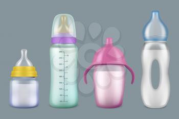 Baby bottle. Breast milk bottles nutritional products for kids beverage for children drinks transparent measure containers vector realistic. Illustration milk bottle container for care baby