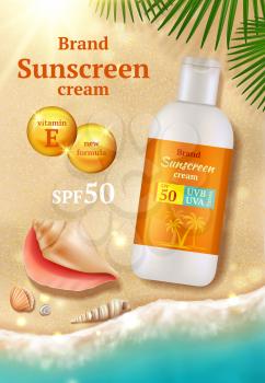 Sunscreen ads poster. Beauty cosmetic sunblock sand water and seashells on beach realistic illustration. Sunscreen and sunblock protection