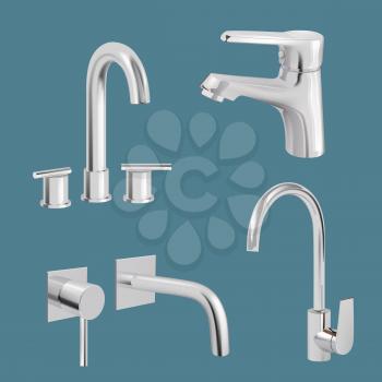 Water tap realistic. Aqua chrome kitchen utensil vector tap. Faucet realistic metal, equipment for bathroom illustration