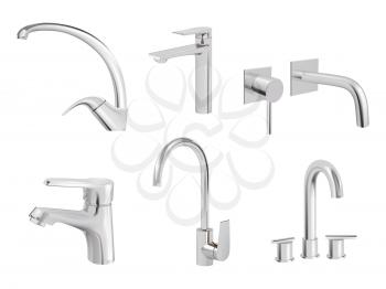 Water chrome tap. Kitchen tools plumbing accessories vector realistic collection pictures of aqua tap. Faucet tap, valve equipment, switcher plumbing illustration
