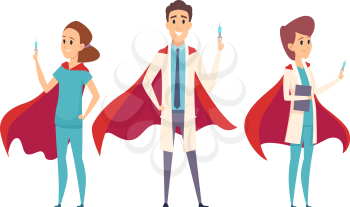 Medical superheroes team. Doctors wear hero capes, nurse therapist hospital staff. Virus protection, vaccination time vector characters. Illustration superhero professional, support medical