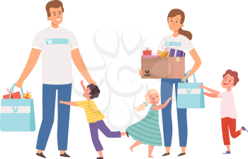Volunteers visit orphanage. Happy orphans, man woman with donations and presents. Children running hugging male and female characters vector illustration. Social charity and support, help child orphan