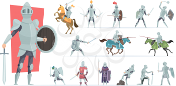 Knights. Medieval warriors in action poses armored knights vector characters in cartoon style. Medieval knight in armor, soldier in helmet, military chivalry