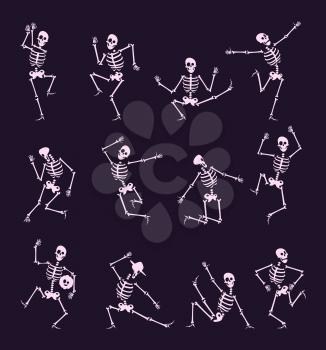 Skeleton party. Undead with skull and bones halloween dancer in funny poses vector characters collection. Skeleton halloween undead, jumping skeletal illustration