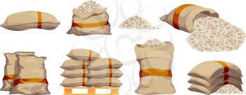 Rice bags. Pile with sackful textile objects grain agricultural collection vector sacks in cartoon style. Rice bag, pile grain agriculture illustration