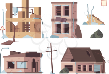 Abandoned houses. Old trouble damaged facade decayed exterior destroyed buildings vector flat pictures. Broken abandoned, damage and destroyed illustration