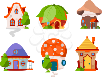 Fairytale castles. Wooden magic buildings fantasy village cottage vector cartoon houses. Illustration building fairytale, magic fantasy house