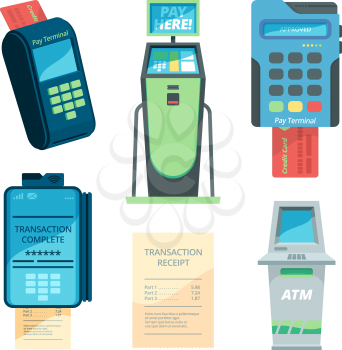 Payment machines. Checkout terminal money nfc modules self servicing automat vector flat collection. Illustration payment terminal collection, electronic transaction