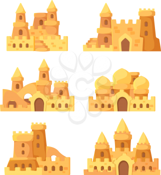 Sandcastles. Fairytale summer buildings on seaside shovel and bucket for sand builders vector set. Illustration tower house fairytale, summertime fortress