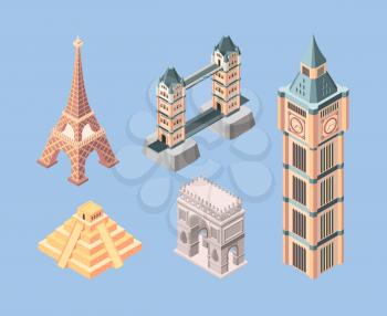Landmarks isometric. World famous buildings travelling symbols bridges pyramid towers vector. Pyramid and bridge in europe, monument isometric for tourism illustration