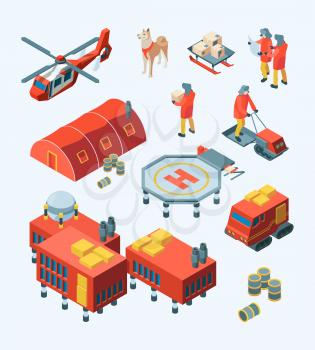 Arctic explorer. Meteorology polar expedition north pole tourism ship transport specific buildings vector isometric set. Arctic expedition, antarctic transport and meteorological station illustration