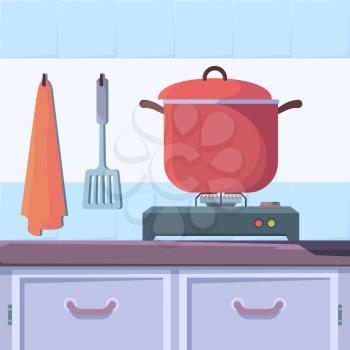 Gas stove food. Kitchen interior with boiling food cooking cuisine vector concept. Kitchen domestic, equipment stove cooking illustration
