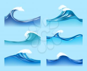 Ocean waves. Water liquid surfaces with transparent foam horizontal waves flow vector illustrations. Illustration sea wave water, aqua splash flowing, ocean surface