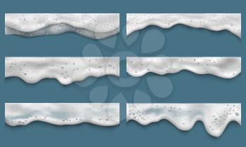 Water foam. Clean washing liquids bath laundry drops splashes on seaside top view vector realistic templates. Shampoo foam, cream soap washing illustration