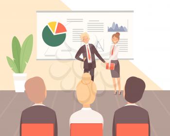 Business training. Guest lecturer, corporate training or seminar on finance and management vector illustration. Seminar and training management, business presentation conference