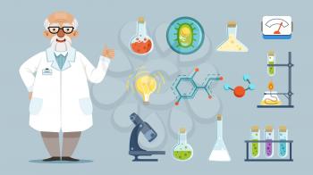 Cartoon scientist. Elements of chemical laboratory, equipment, microscope and beakers. Joyful chemist vector illustration. Doctor and lab, chemical laboratory tools collection