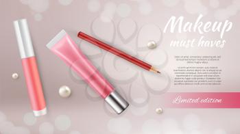 Cosmetic ads banner. Realistic make up pencil pipstick and gloss. Beauty vector background. Realistic cosmetic lipstick, promo banner cosmetology illustration
