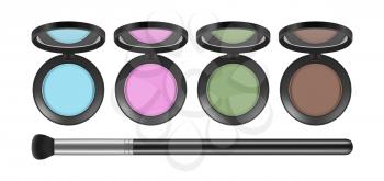 Eyeshadow palette. Realistic decorative cosmetics and brush, isolated eye shadows vector set. Illustration makeup beauty, powder female palette