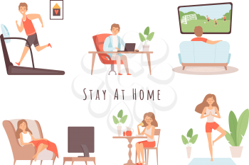 Stay at home. House relaxing, man woman weekend. People watch tv, working from house vector illustration. Relax girl cartoon, television leisure and sport on period isolation