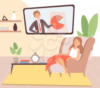Stay at home. Housewife resting, cartoon woman in chair with blanket watch TV vector illustration. Character at home relax, stay at home quarantine