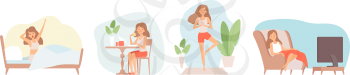 Weekend relax. Stay at home, isolation period. Single woman eat, watch tv doing yoga vector illustration. Relax lifestyle, sitting relaxation weekend