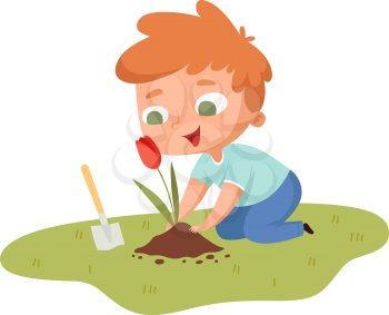 Boy planting tulip. Young guy with garden tool caring flower. Isolated cartoon little male gardening hobbies vector illustration. Hobby gardening at backyard, happy child