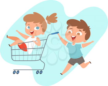 Children ride in grocery cart. Happy brother and sister play in shop or supermarket, cartoon happy children characters. Kids bad behavior or manners, baby pranks vector illustration