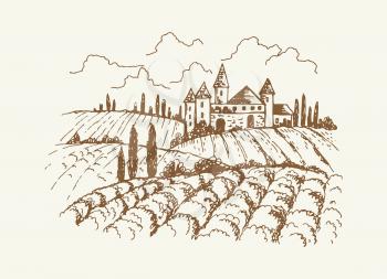 Italian vineyard landscape. Sketch of vintage medieval house and garden, trees or vine plantation. Rustic suburb, hand drawn village vector illustration. Italian countryside farm, landscape nature