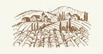 Sketch village landscape. Vintage vineyard farm, hand drawn agricultural plantation with rustic houses. Cute cozy suburb vector illustration. Plantation suburb, agricultural landscape