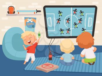 Boy gamers. Little men playing video games. Cute cartoon happy baby with lemonade bottle in living room interior vector illustration. Gamer gaming in video, player young with controller