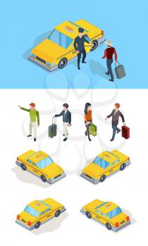 Taxi service. Travellers passengers call taxi with luxury driver professional chauffeurs yellow isometric cars vector pictures. Taxi driver and passenger, yellow car transport service illustration