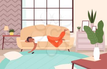 People lying on sofa. Lazy person relax in living room sleeping and watching tv apathy and messy vector character. Illustration person on sofa lying vector