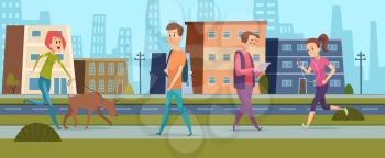 People walking. Men women on street, peace and kind in city. Cartoon girl running, female walk with dog guy reading vector illustration. People man and woman, urban street city