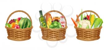 Food basket. Realistic fruits vegetables oil bottle. Bread milk veggies, isolated picnic or donations packs vector illustration. Basket with fruit and vegetable from grocery store