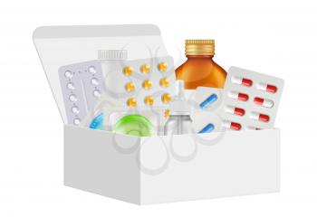 Medications kit. First aid box, realistic pills, bottles condoms. Isolated 3d white cardboard packing with drugs vector illustration. Medical aid box kit, medicine emergency equipment