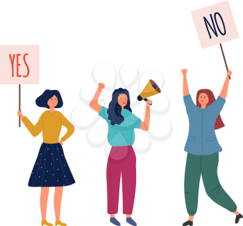 Woman holding info plates. Yes no banners, protest and accepted or negative and positive choice. Girls demonstration or voting vector illustration. Woman protest, activist political campaign